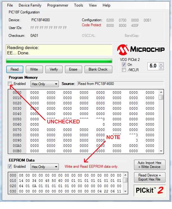 PICKit 2 programmer window